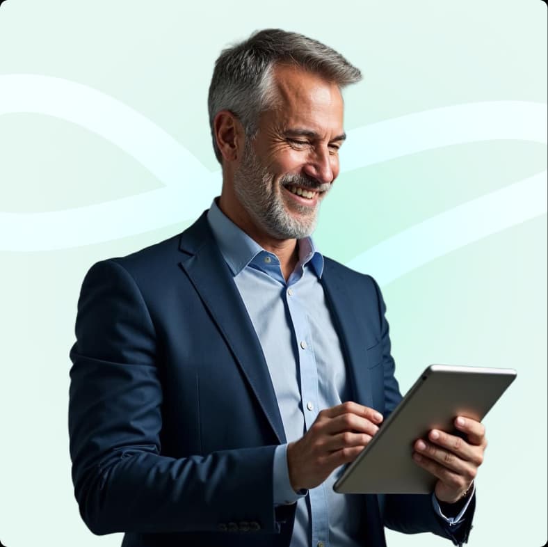 Homem de terno com um tablet nas mãos